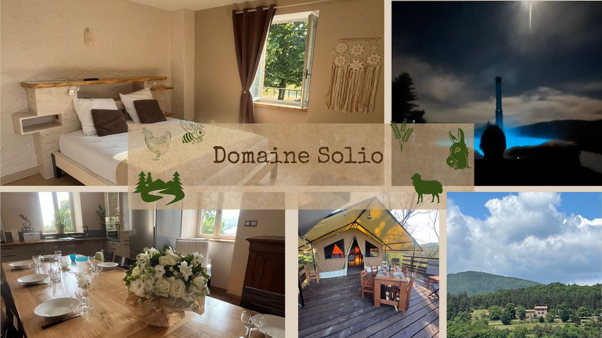 Collage du Domaine Solio : chambre, bain nordique éclairé la nuit, table dressée et paysage de montagnes