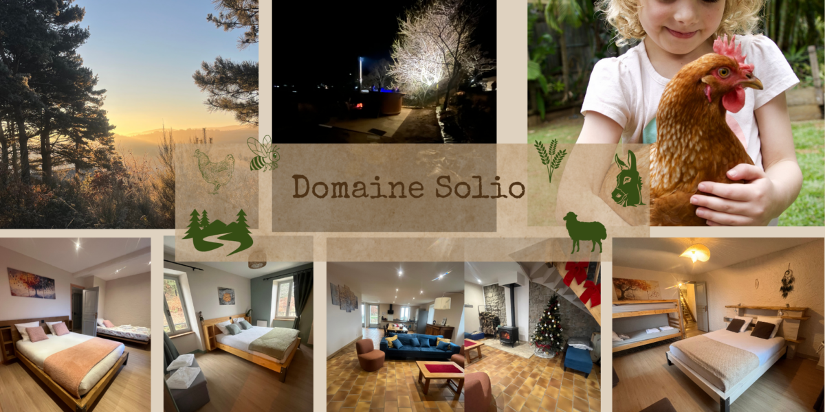 Collage d’expériences au Domaine Solio : feu d’artifice, chambres, enfant portant une poule