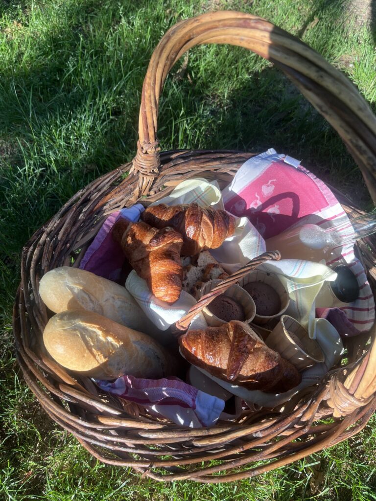 Panier en osier garni de produits locaux — charcuterie, fromages et bouteilles — posé dans l’herbe