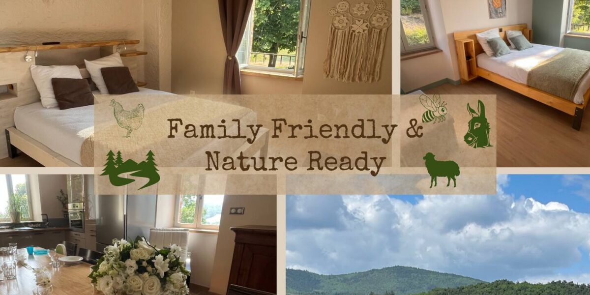 Collage de photos du Gîte du Domaine : chambres, salon, bouquet de fleurs et vue sur les montagnes ardéchoises