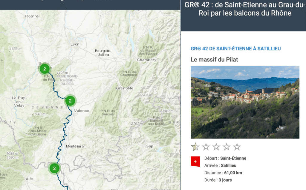 Carte de l’itinéraire GR 42 reliant Saint-Étienne à Satillieu par les balcons du Rhône