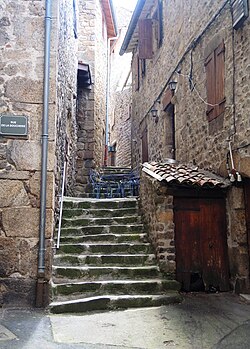 Ruelle pavée du village de Satillieu, escalier de pierre entre de vieilles maisons ardéchoises