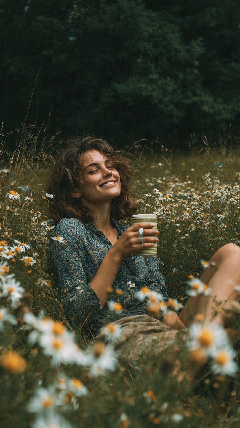 Femme assise dans un champ de fleurs, une tasse à la main