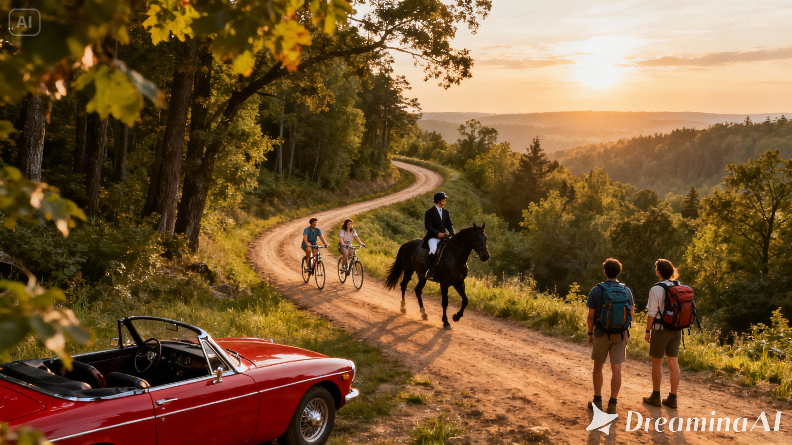 Cavaliers et promeneurs sur un chemin de campagne au coucher du soleil