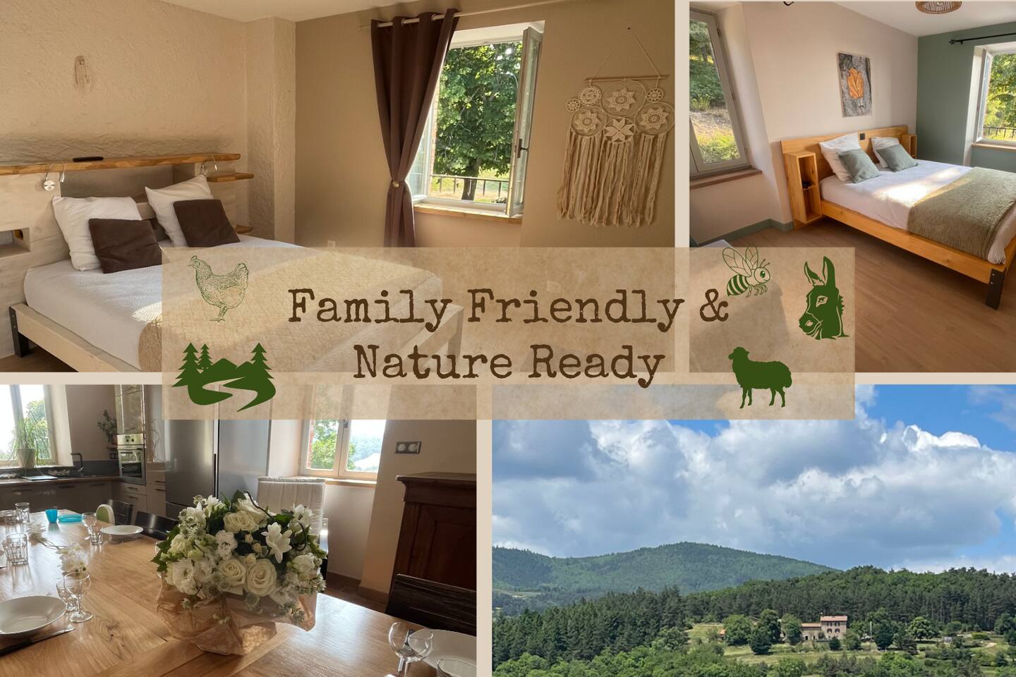 Collage de bienvenue du gîte : chambres, salon et vue sur les montagnes